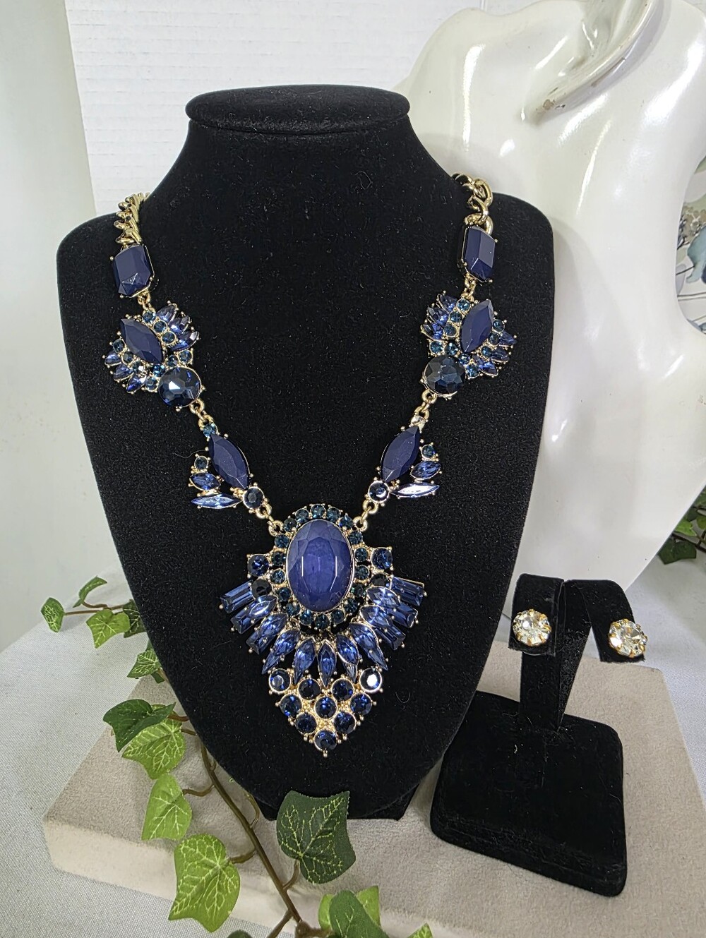 Gold Cobalt Blue Statement Necklace & Rhinestone Stud Earrings Set